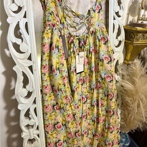Anthropology Floral Yellow Dress with Pink Roses